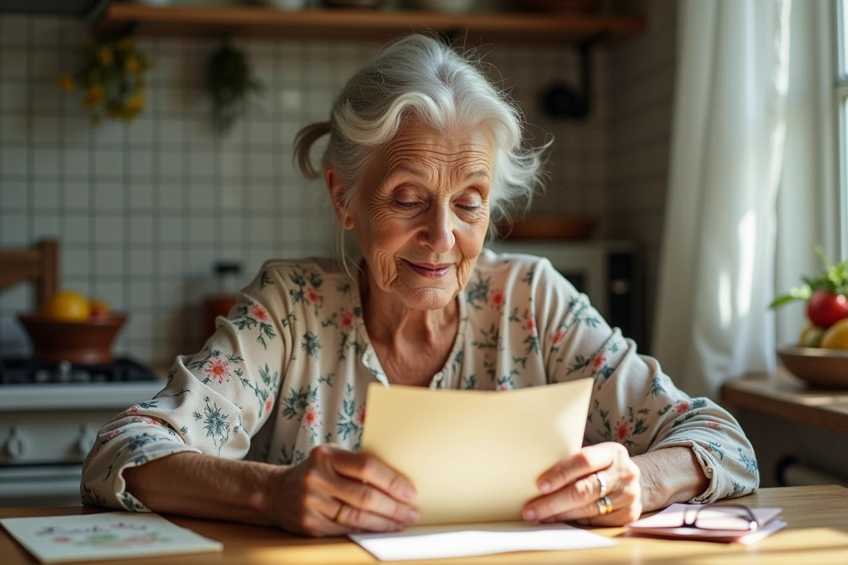 Mamie lisant avec émotion une lettre d'anniversaire manuscrite dans une cuisine chaleureuse et authentique