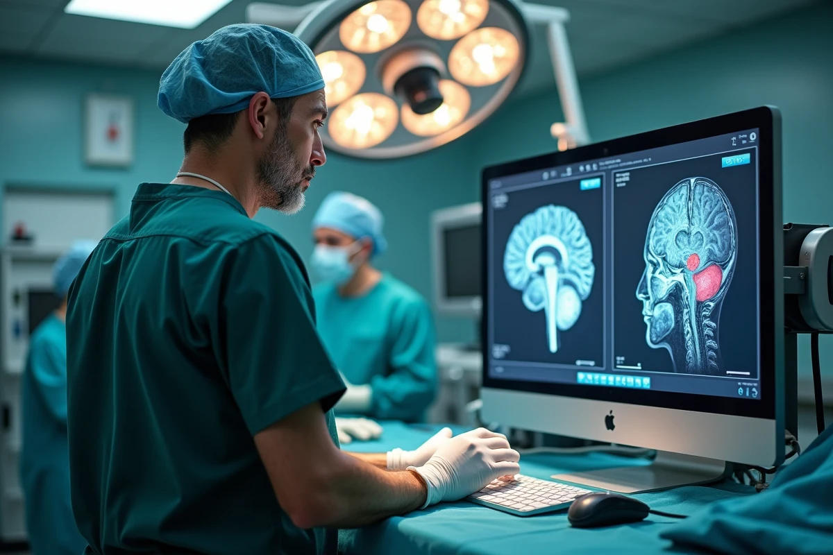 Neurochirurgien en tenue chirurgicale dans un bloc opératoire moderne équipé d'imagerie cérébrale 3D à Rennes
