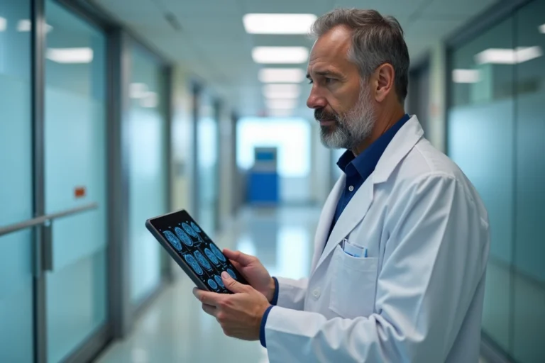 Neurochirurgien Xavier Morandi en blouse blanche consultant des IRM cérébrales sur une tablette dans un couloir hospitalier moderne à Rennes