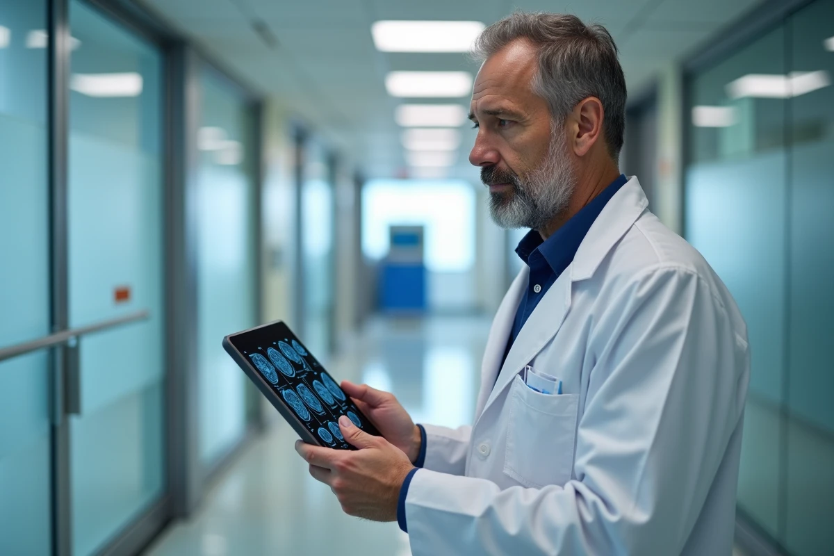 Neurochirurgien Xavier Morandi en blouse blanche consultant des IRM cérébrales sur une tablette dans un couloir hospitalier moderne à Rennes