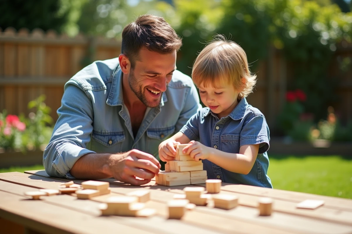 Pere aidant son enfant à construire un modele en plein air