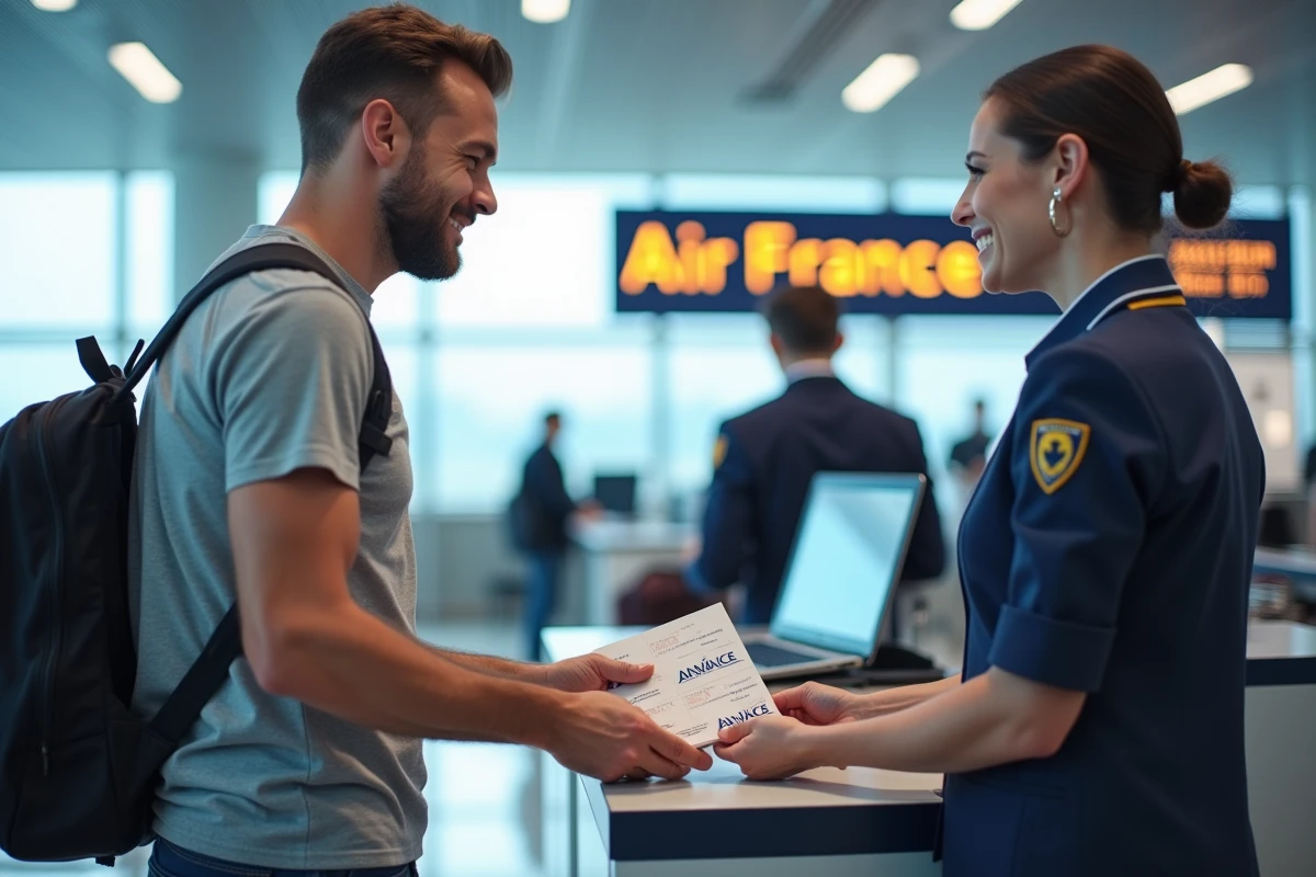 Passager présentant des chèques vacances ANCV au comptoir d'enregistrement Air France dans un aéroport