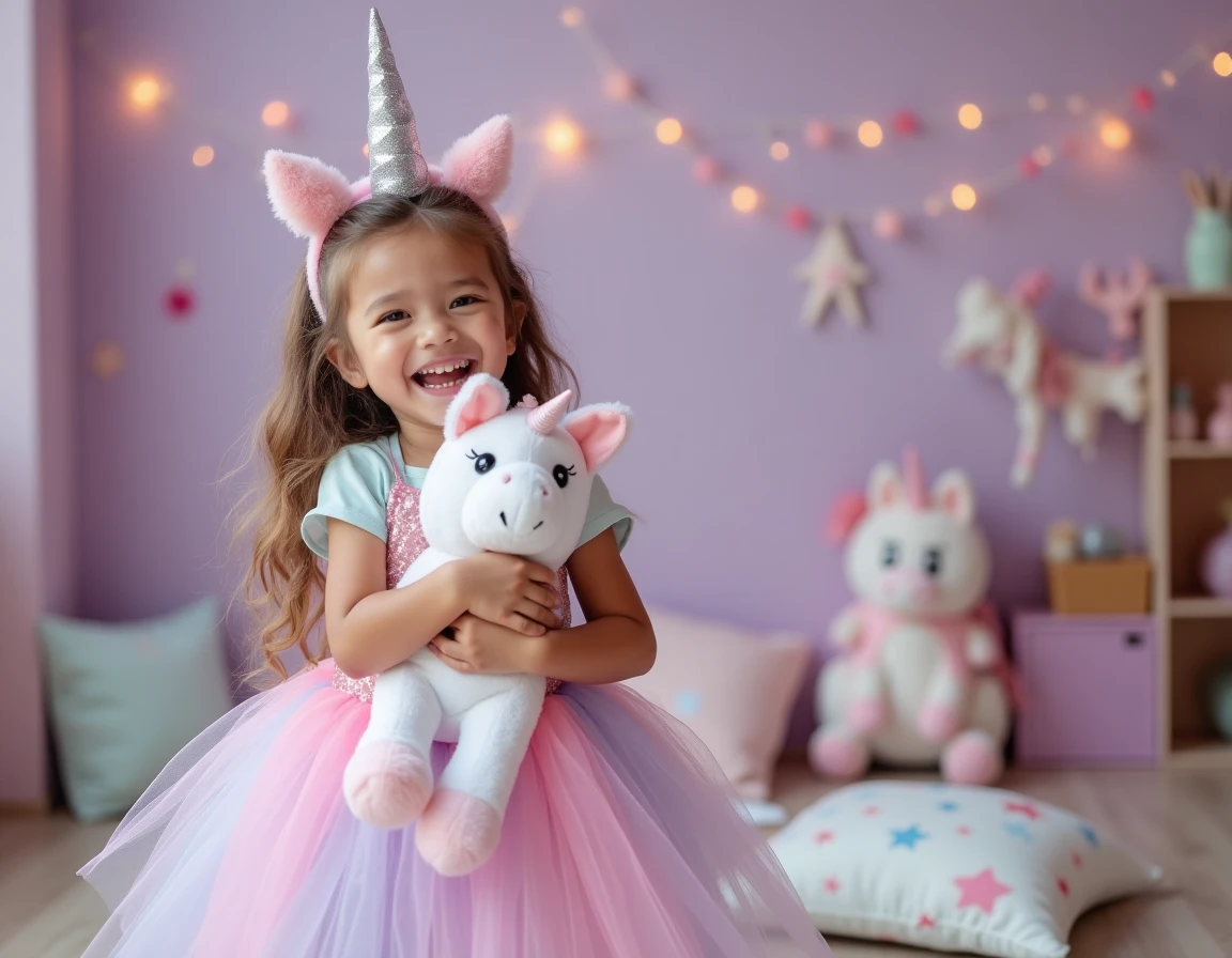 Petite fille déguisée en licorne avec une jupe en tulle arc-en-ciel tenant un doudou licorne dans une chambre décorée sur le thème des licornes