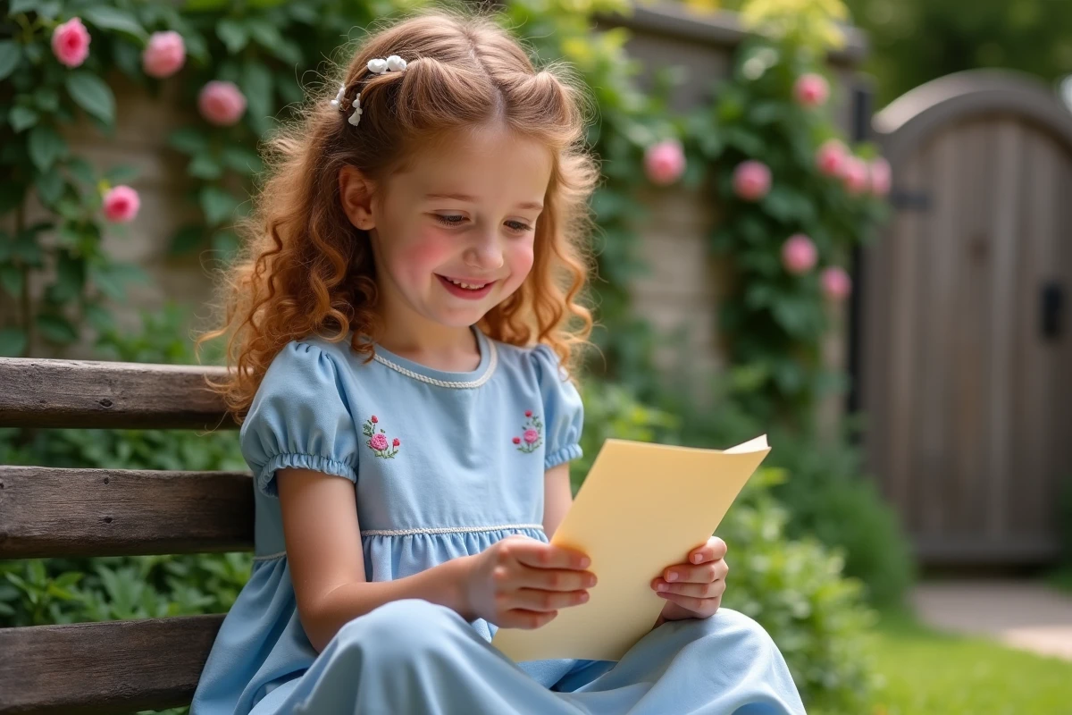 Petite-fille lisant avec joie une lettre touchante de sa grand-mère dans un jardin fleuri pour son anniversaire