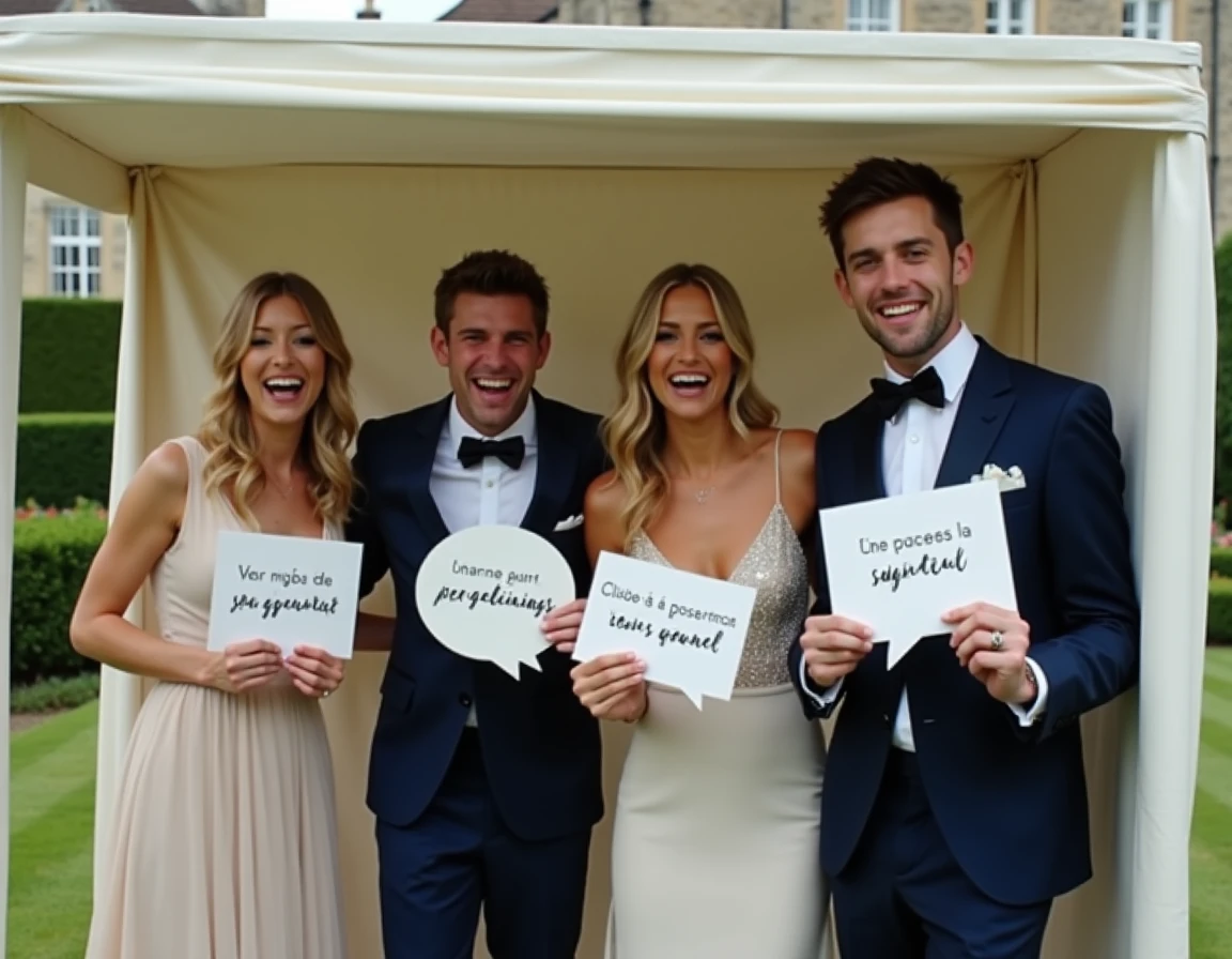 Groupe d'invités qui posent avec des accessoires devant un photobooth Kruu lors d'un mariage en plein air