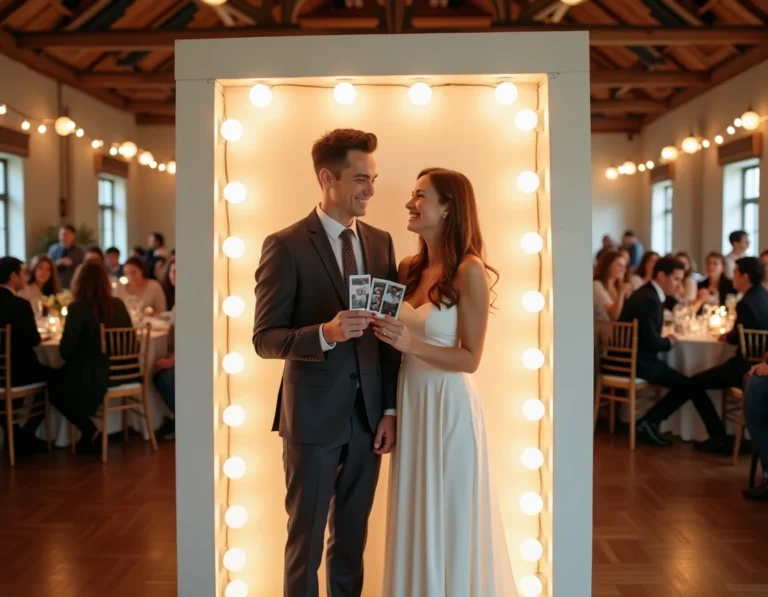 Couple de mariés devant un photobooth Kruu lors d'une réception de mariage en salle rustique chic