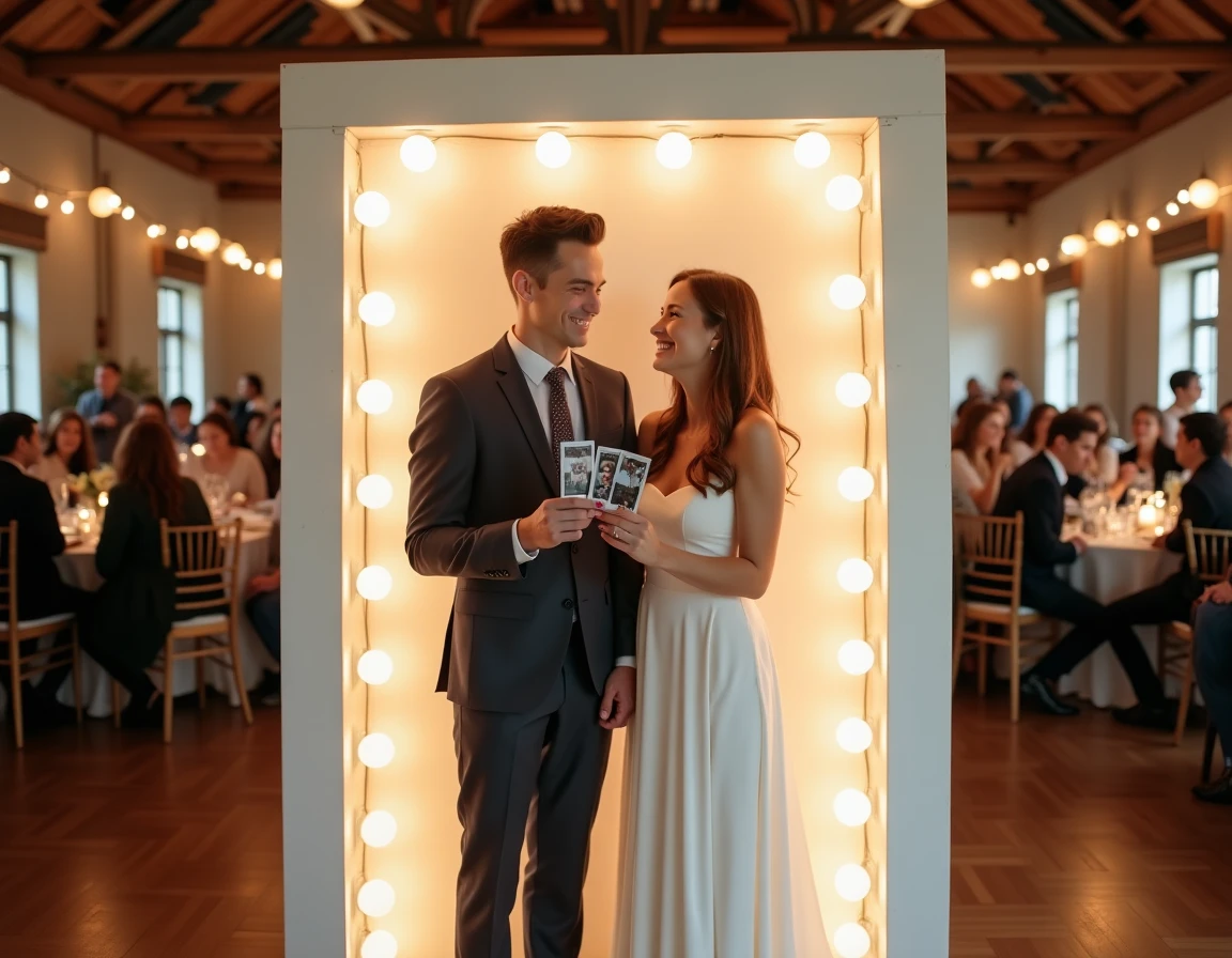 Couple de mariés devant un photobooth Kruu lors d'une réception de mariage en salle rustique chic