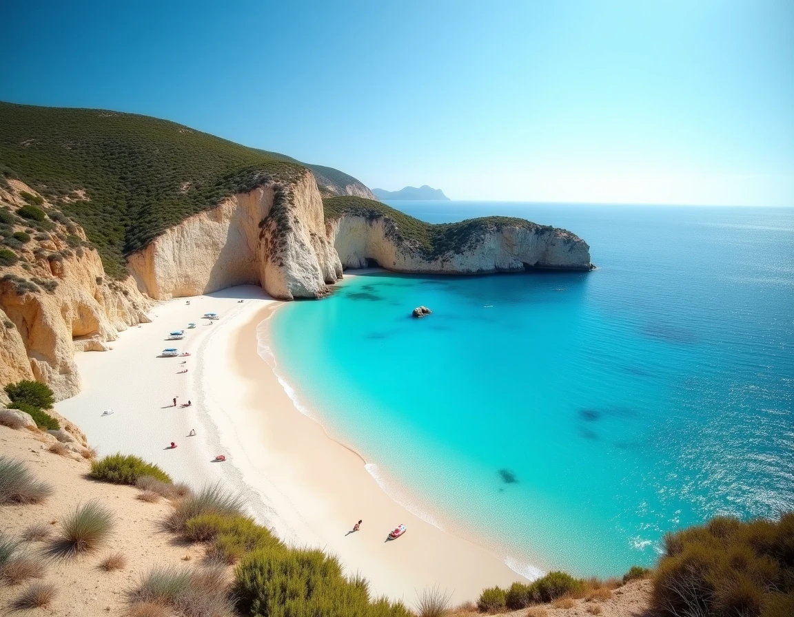 Vue panoramique de la plage des Trois Pointes à Bonifacio avec ses eaux turquoise et ses falaises calcaires blanches en Corse