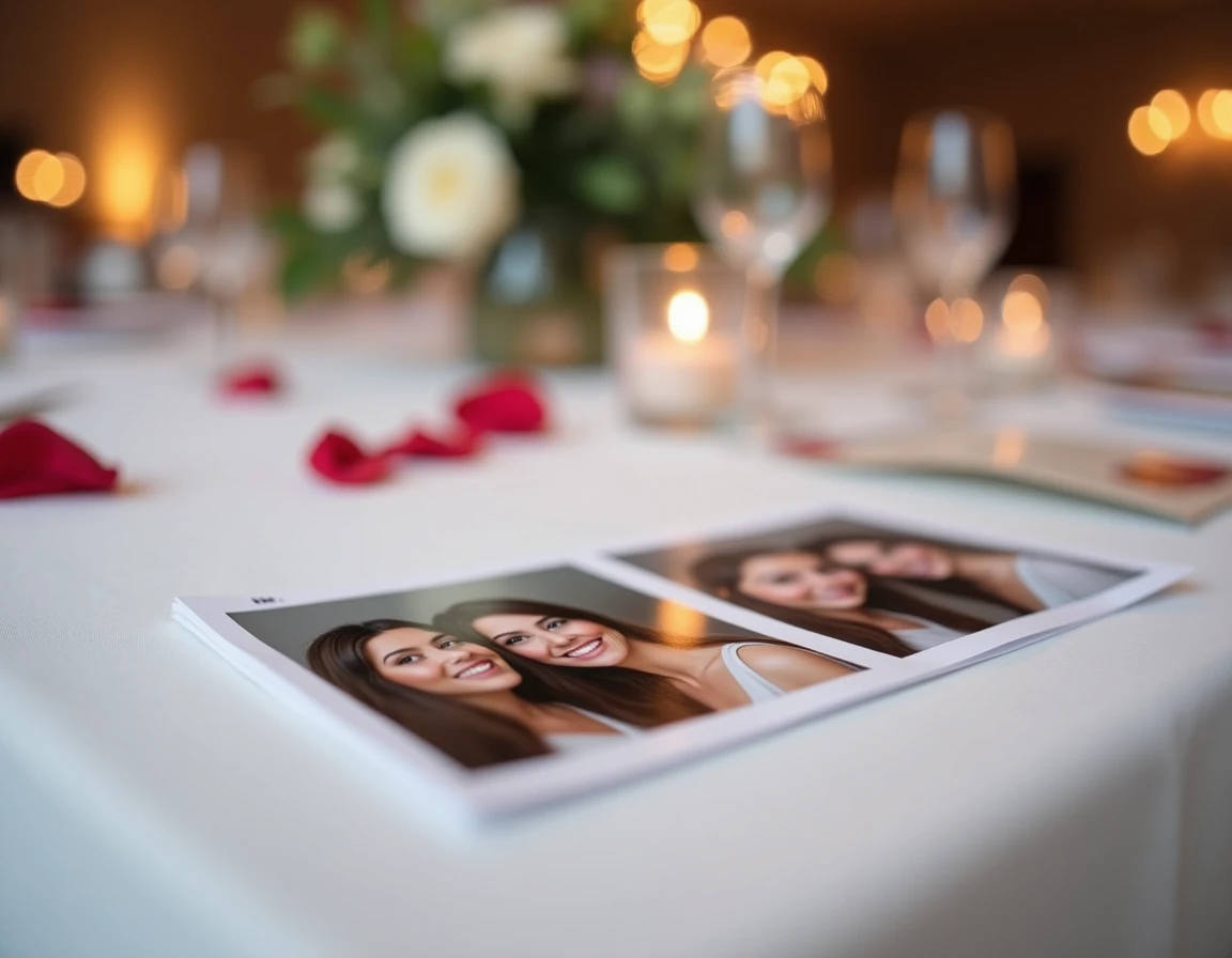Gros plan sur des planches contact imprimées par le photobooth Kruu posées sur une table de mariage avec des pétales de rose
