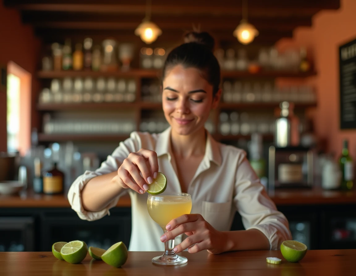 Barista colombienne préparant un aguardiente sour en pressant un citron vert frais dans un bar traditionnel de Bogotá