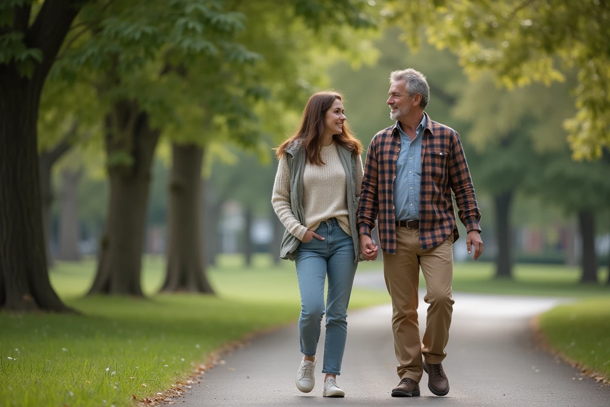 Couple en promenade détendue dans un parc verdoyant