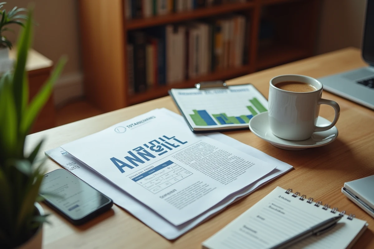 Rapport annuel TotalEnergies et calendrier de dividendes sur un bureau avec smartphone affichant un portefeuille boursier