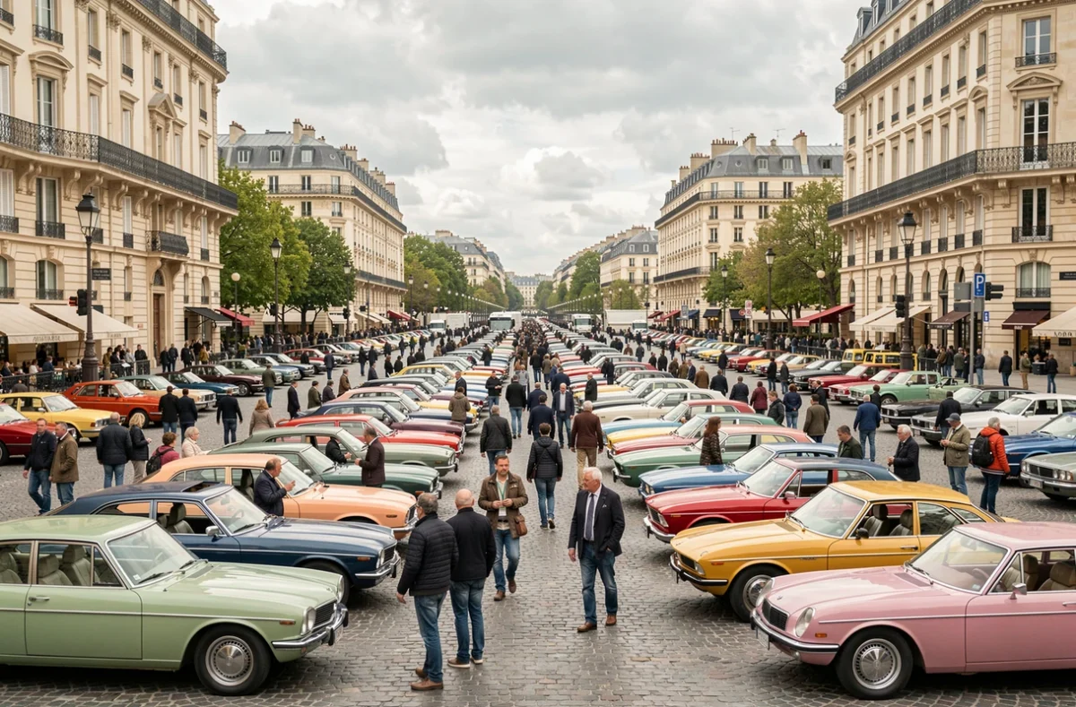 Rassemblement de voitures de collection en plein air à Paris, exposition de véhicules anciens restaurés des années 1940 à 1970 entre des bâtiments haussmanniens
