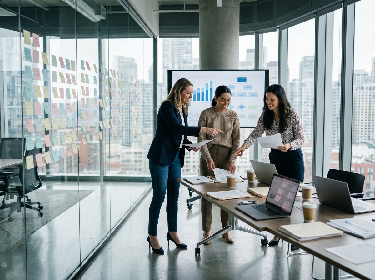 Groupe de collègues en réunion dans un espace hightech