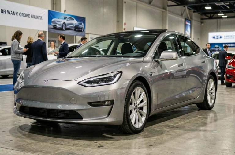 Berline électrique moderne exposée dans un salon automobile avec des visiteurs en arrière-plan flou