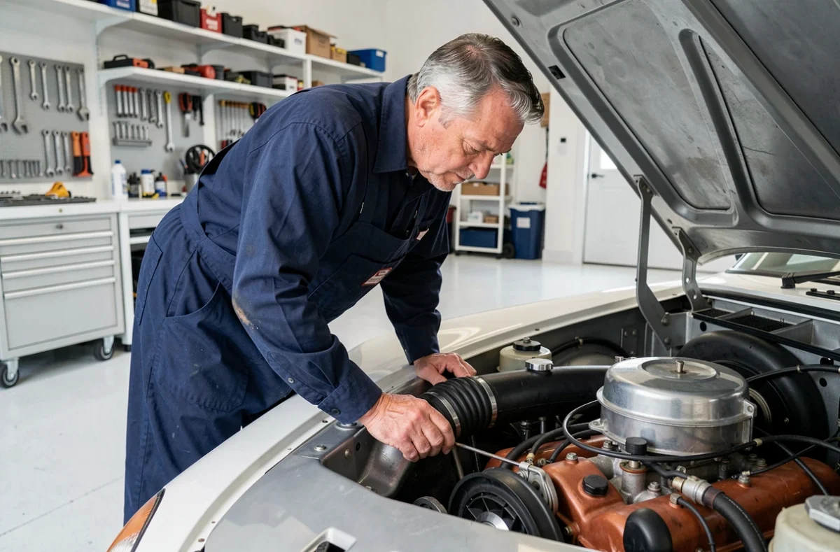 Spécialiste automobile inspectant le moteur d'une Porsche 911 vintage dans un garage privé soigné, entretien d'une voiture d'exception