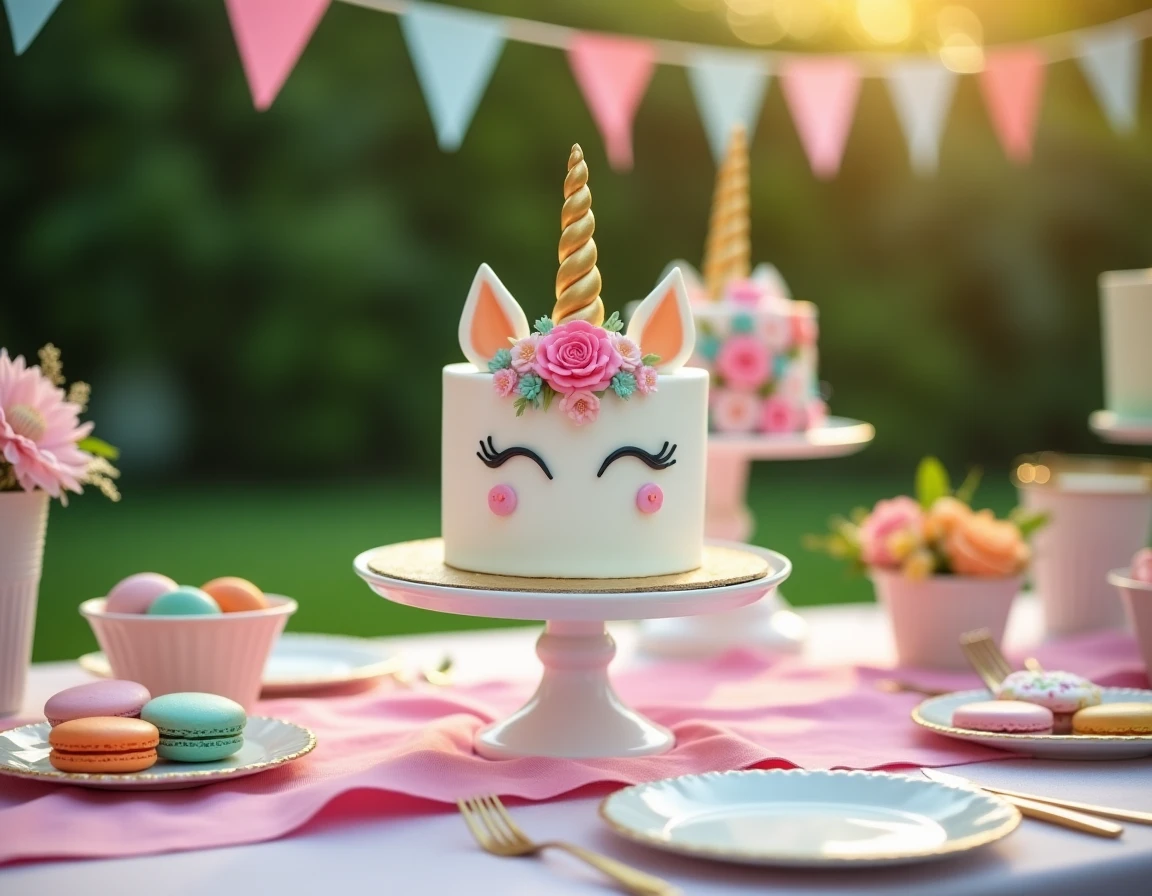 Table d'anniversaire thème licorne en extérieur avec macarons arc-en-ciel, gâteau licorne décoré et décorations pastel or dans un jardin