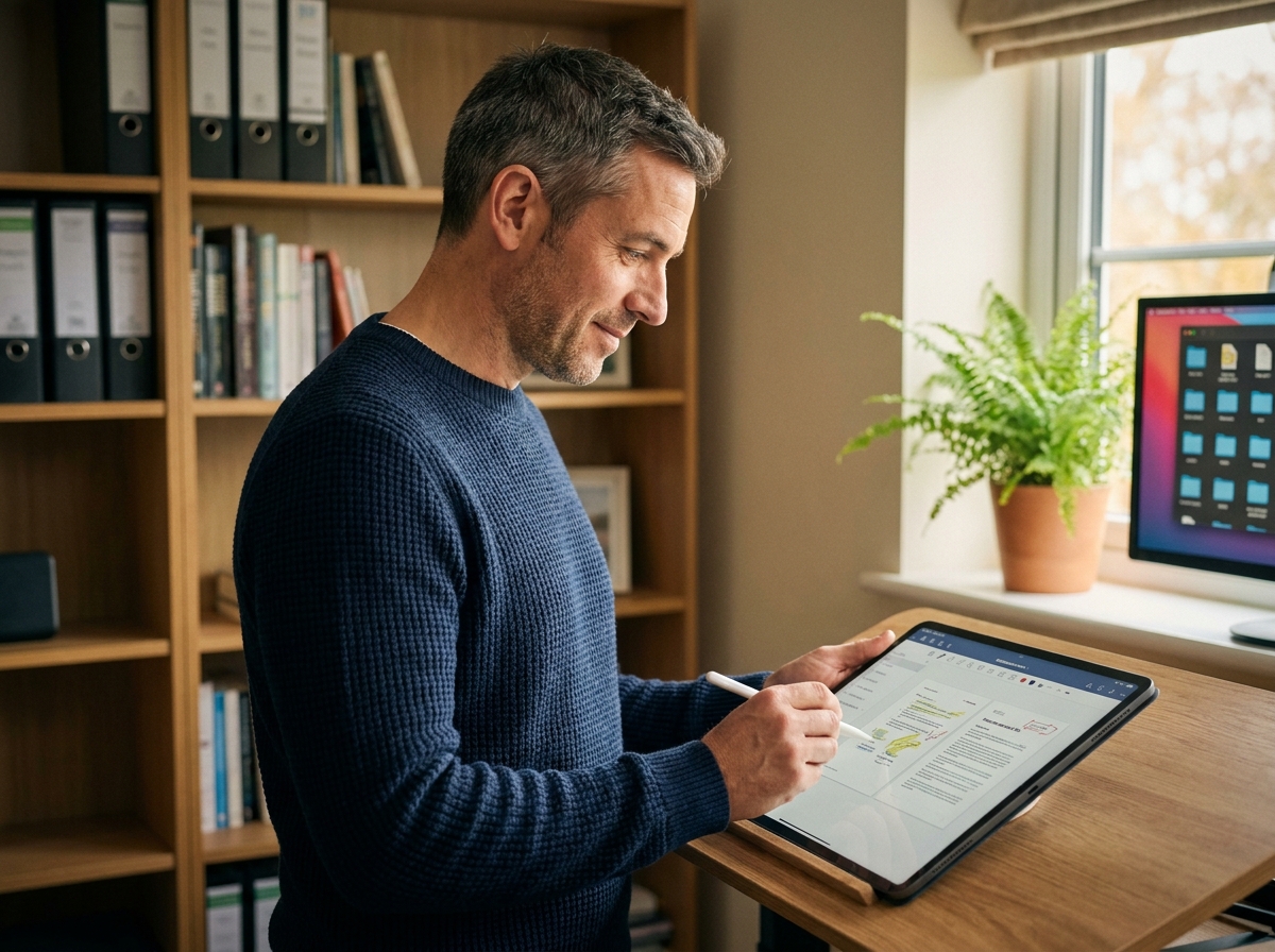 Homme en télétravail organisant ses documents numériques sur une tablette dans un bureau à domicile