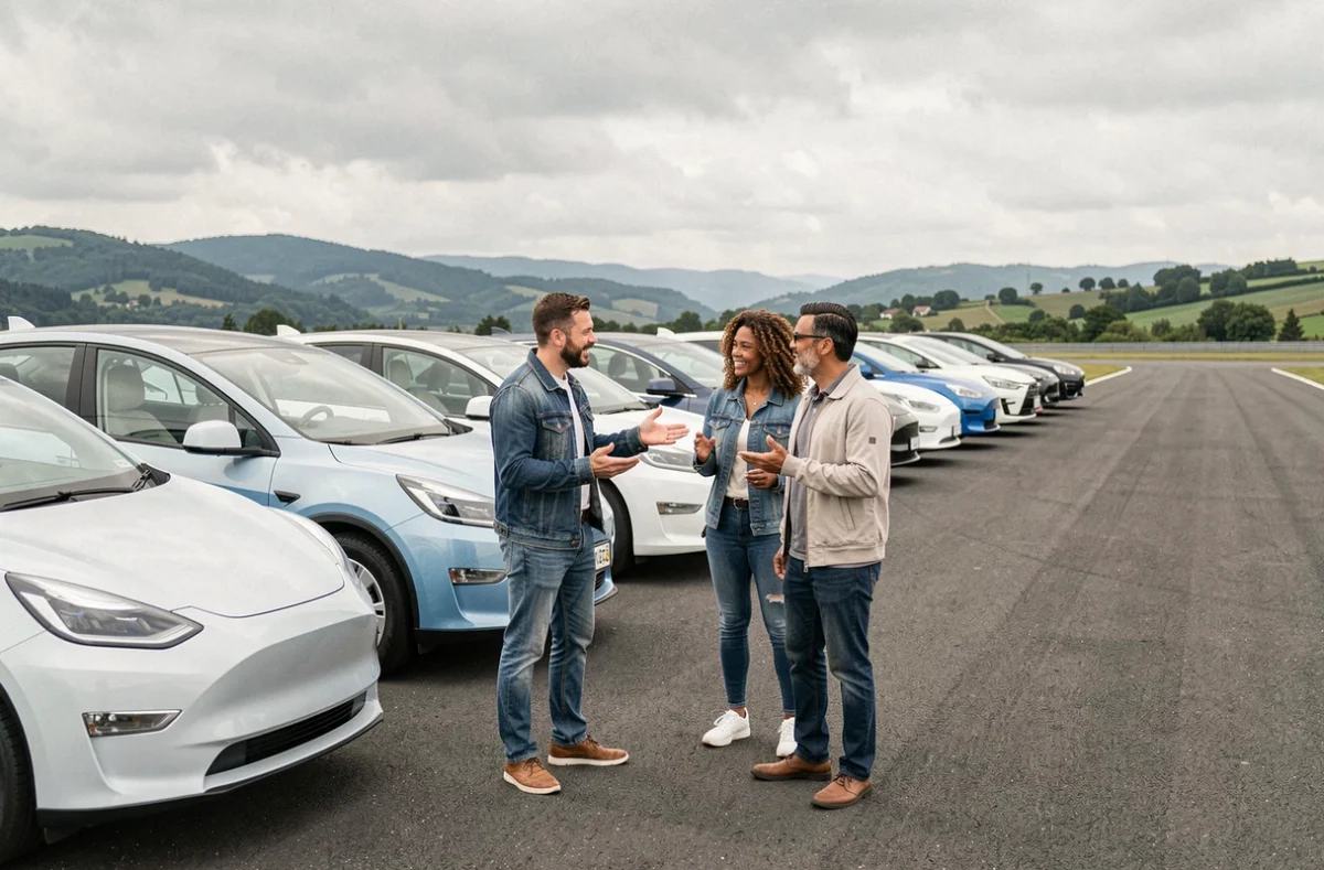 Groupe de personnes discutant des derniers modèles hybrides et électriques sur une piste d'essai extérieure