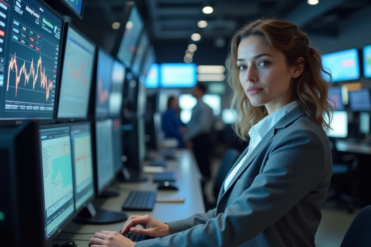 Trader femme sur un plateau boursier analysant les données de marché et les indices du secteur énergétique